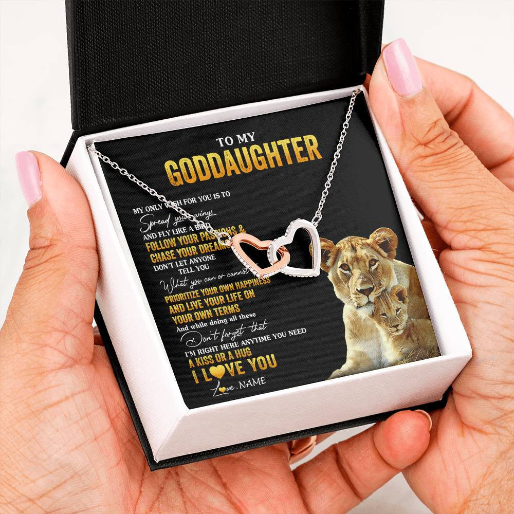 Interlocking Hearts Necklace Stainless Steel & Rose Gold Finish | 2 | Personalized To My Goddaughter Necklace From Godmother Aunt Lion My Only Wish For You Goddaughter Birthday Christmas Customized Gift Box Message Card | siriusteestore