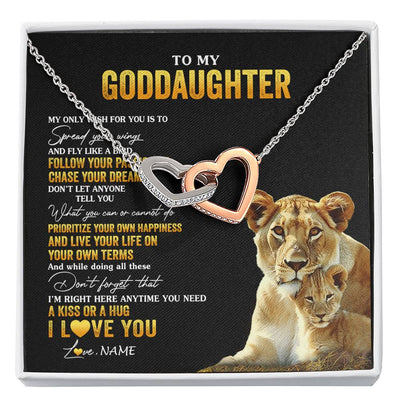 Interlocking Hearts Necklace Stainless Steel & Rose Gold Finish | 1 | Personalized To My Goddaughter Necklace From Godmother Aunt Lion My Only Wish For You Goddaughter Birthday Christmas Customized Gift Box Message Card | siriusteestore