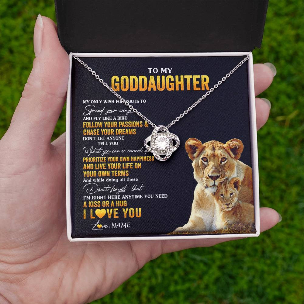 Love Knot Necklace 14K White Gold Finish | 2 | Personalized To My Goddaughter Necklace From Godmother Aunt Lion My Only Wish For You Goddaughter Birthday Christmas Customized Gift Box Message Card | siriusteestore