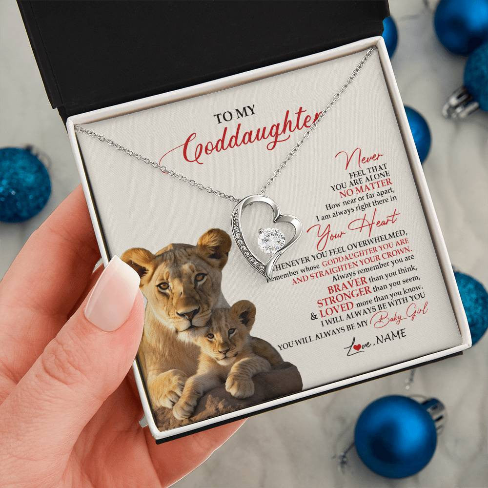 Forever Love Necklace 14K White Gold Finish | 2 | Personalized To My Goddaughter Necklace From Godmother Aunt Never Feel You Are Alone Lion Goddaughter Birthday Graduation Christmas Customized Message Card | siriusteestore
