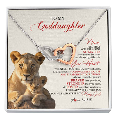 Interlocking Hearts Necklace Stainless Steel & Rose Gold Finish | 1 | Personalized To My Goddaughter Necklace From Godmother Aunt Never Feel You Are Alone Lion Goddaughter Birthday Graduation Christmas Customized Message Card | siriusteestore
