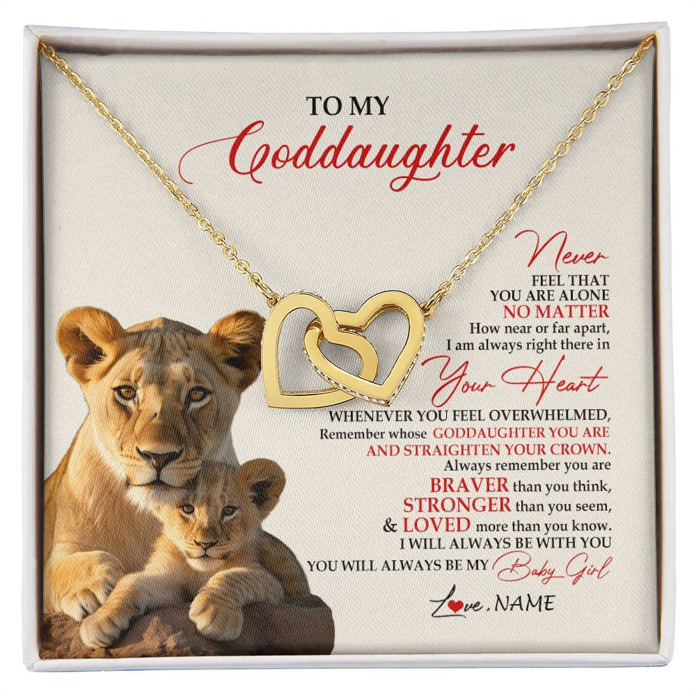 Interlocking Hearts Necklace 18K Yellow Gold Finish | 1 | Personalized To My Goddaughter Necklace From Godmother Aunt Never Feel You Are Alone Lion Goddaughter Birthday Graduation Christmas Customized Message Card | siriusteestore