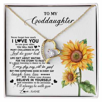 Forever Love Necklace 18K Yellow Gold Finish | 1 | Personalized To My Goddaughter Necklace From Godmother Aunt Sunflower Wood Laugh Love Live Goddaughter Birthday Christmas Customized Gift Box Message Card | siriusteestore
