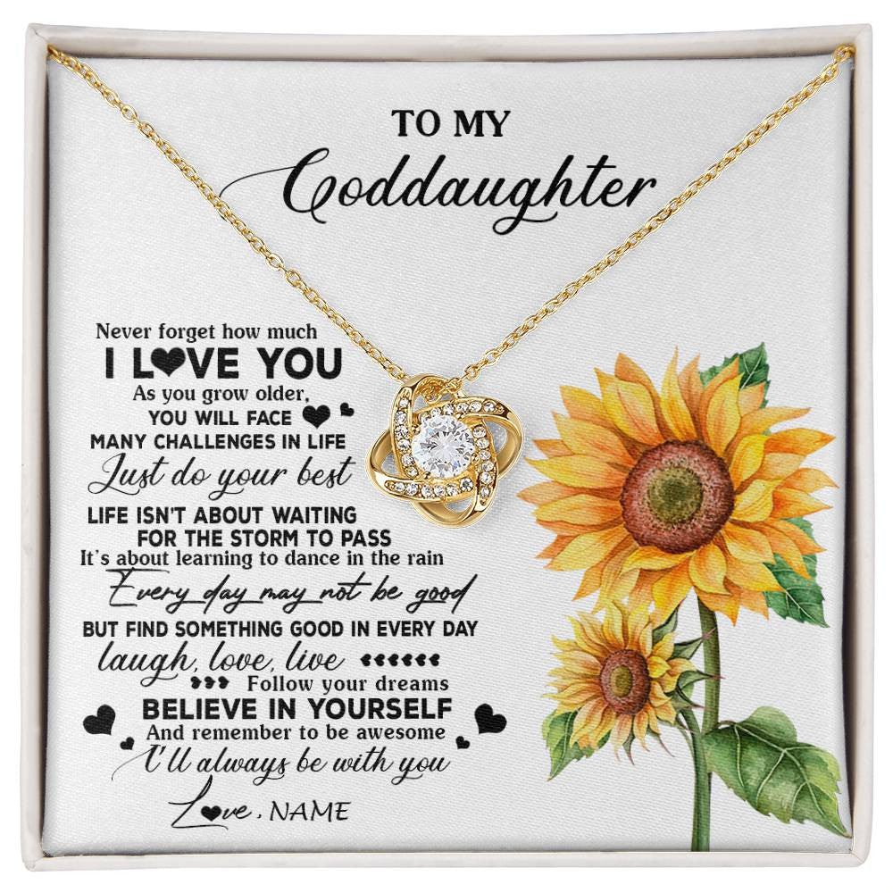 Love Knot Necklace 18K Yellow Gold Finish | 1 | Personalized To My Goddaughter Necklace From Godmother Aunt Sunflower Wood Laugh Love Live Goddaughter Birthday Christmas Customized Gift Box Message Card | siriusteestore