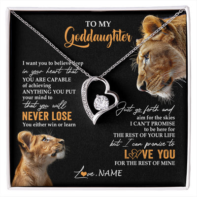 Forever Love Necklace 14K White Gold Finish | 1 | Personalized To My Goddaughter Necklace From Godmother Aunt You Will Never Lose Lion Goddaughter Birthday Gifts Graduation Christmas Gift Box Message Card | siriusteestore