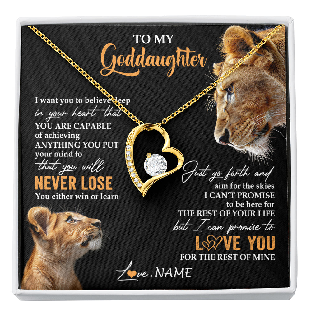 Forever Love Necklace 18K Yellow Gold Finish | 1 | Personalized To My Goddaughter Necklace From Godmother Aunt You Will Never Lose Lion Goddaughter Birthday Gifts Graduation Christmas Gift Box Message Card | siriusteestore
