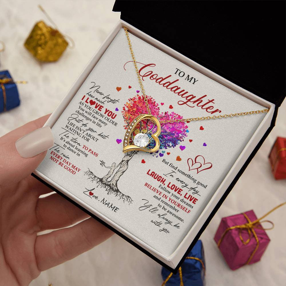 Forever Love Necklace 18K Yellow Gold Finish | 2 | Personalized To My Goddaughter Necklace From Godmother Colorful Tree Never Forget I Love You Goddaughter Birthday Christmas Customized Gift Box Message Card | siriusteestore