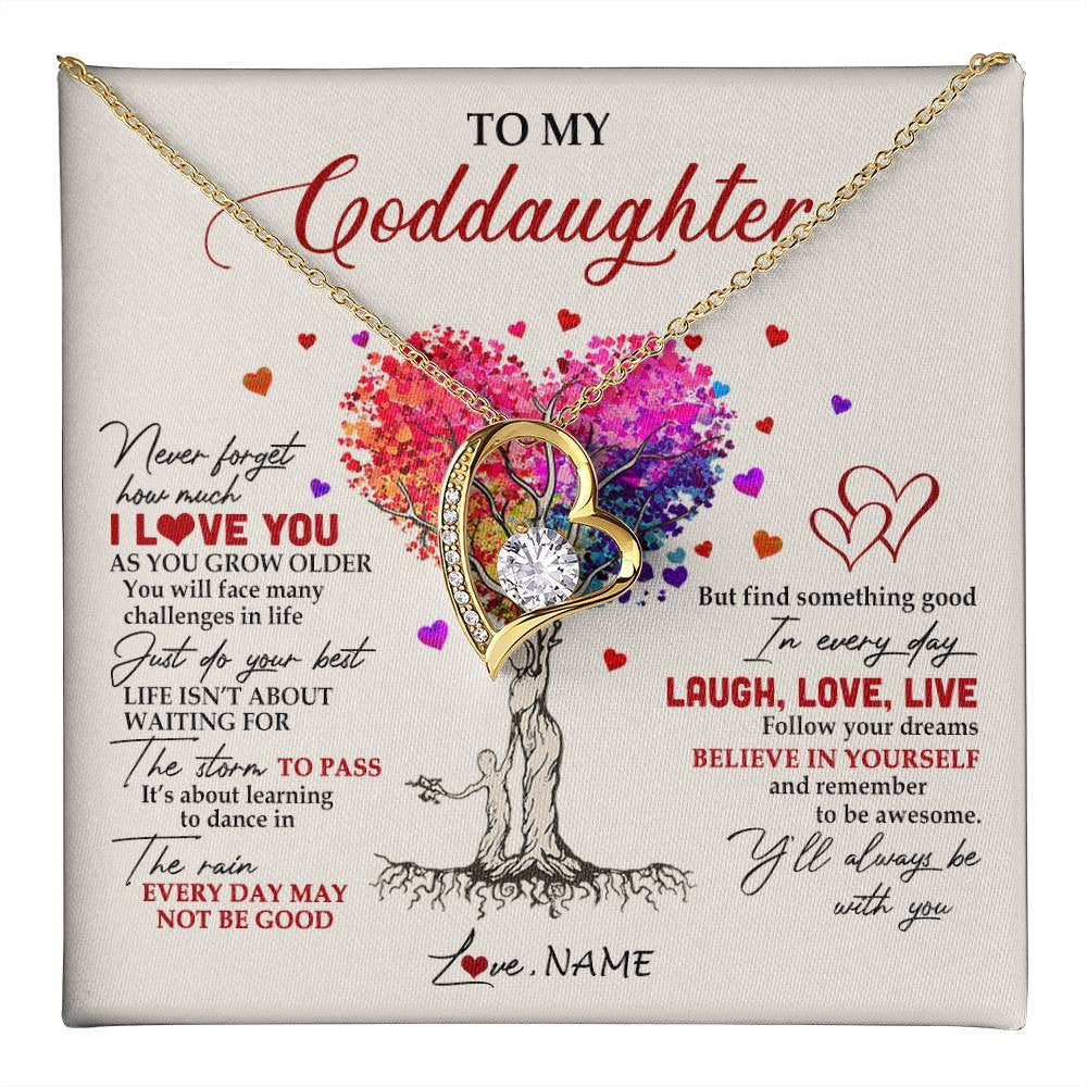 Forever Love Necklace 18K Yellow Gold Finish | 1 | Personalized To My Goddaughter Necklace From Godmother Colorful Tree Never Forget I Love You Goddaughter Birthday Christmas Customized Gift Box Message Card | siriusteestore