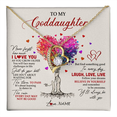 Forever Love Necklace 18K Yellow Gold Finish | 1 | Personalized To My Goddaughter Necklace From Godmother Colorful Tree Never Forget I Love You Goddaughter Birthday Christmas Customized Gift Box Message Card | siriusteestore