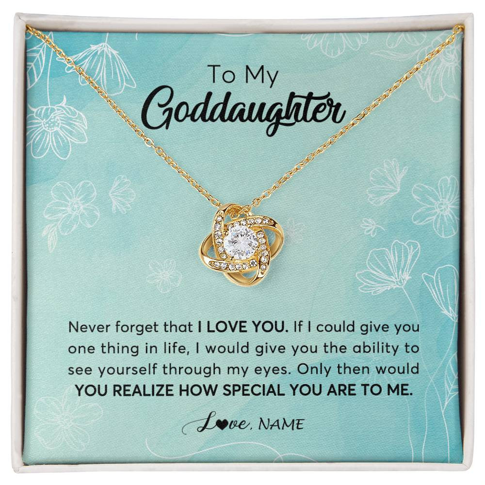 Love Knot Necklace 18K Yellow Gold Finish | 1 | Personalized To My Goddaughter Necklace From Godmother Flower Never Forget I Love You Goddaughter Graduation Birthday Customized Gift Box Message Card | siriusteestore
