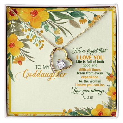 Forever Love Necklace 18K Yellow Gold Finish | Personalized To My Goddaughter Necklace From Godmother Flower Never Forget That I Love You Goddaughter Birthday Christmas Customized Gift Box Message Card | siriusteestore