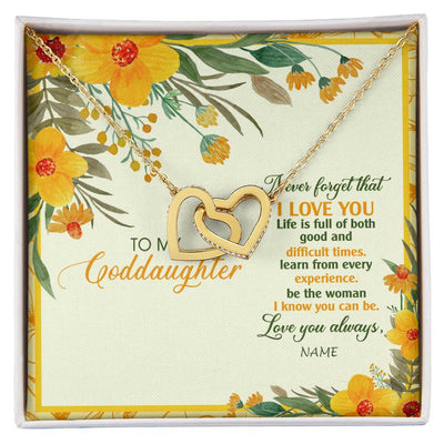Interlocking Hearts Necklace 18K Yellow Gold Finish | Personalized To My Goddaughter Necklace From Godmother Flower Never Forget That I Love You Goddaughter Birthday Christmas Customized Gift Box Message Card | siriusteestore