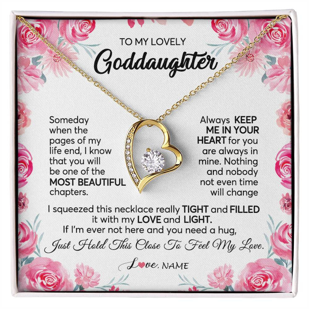 Forever Love Necklace 18K Yellow Gold Finish | 1 | Personalized To My Goddaughter Necklace From Godmother Godfather Always Keep Me in Your Heart Goddaughter Birthday Christmas Customized Gift Box Message Card | siriusteestore
