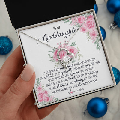 Forever Love Necklace 14K White Gold Finish | 2 | Personalized To My Goddaughter Necklace From Godmother Godfather I Will Always Love You Goddaughter Birthday Christmas Customized Gift Box Message Card | https://siriusteestore.
