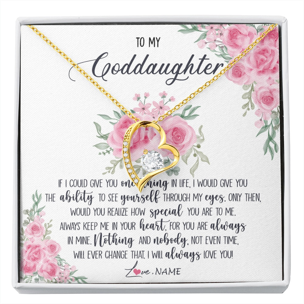 Forever Love Necklace 18K Yellow Gold Finish | 1 | Personalized To My Goddaughter Necklace From Godmother Godfather I Will Always Love You Goddaughter Birthday Christmas Customized Gift Box Message Card | https://siriusteestore.