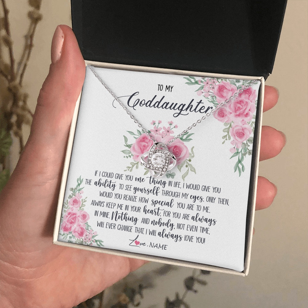 Love Knot Necklace 14K White Gold Finish | 2 | Personalized To My Goddaughter Necklace From Godmother Godfather I Will Always Love You Goddaughter Birthday Christmas Customized Gift Box Message Card | https://siriusteestore.