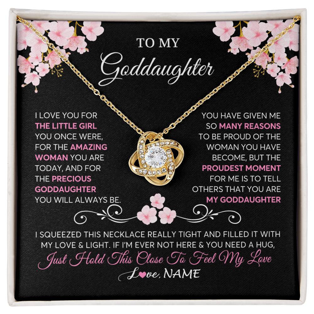 Love Knot Necklace 18K Yellow Gold Finish | 1 | Personalized To My Goddaughter Necklace From Godmother Godfather Love You Little Girl Goddaughter Birthday Jewelry Christmas Customized Gift Box Message Card | siriusteestore