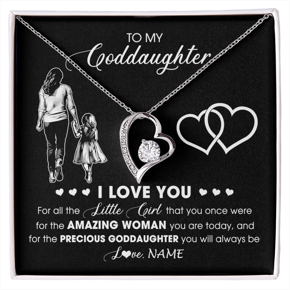 Forever Love Necklace 14K White Gold Finish | 1 | Personalized To My Goddaughter Necklace From Godmother I Love You Little Girl Goddaughter Birthday Christmas Jewelry Customized Gift Box Message Card | siriusteestore