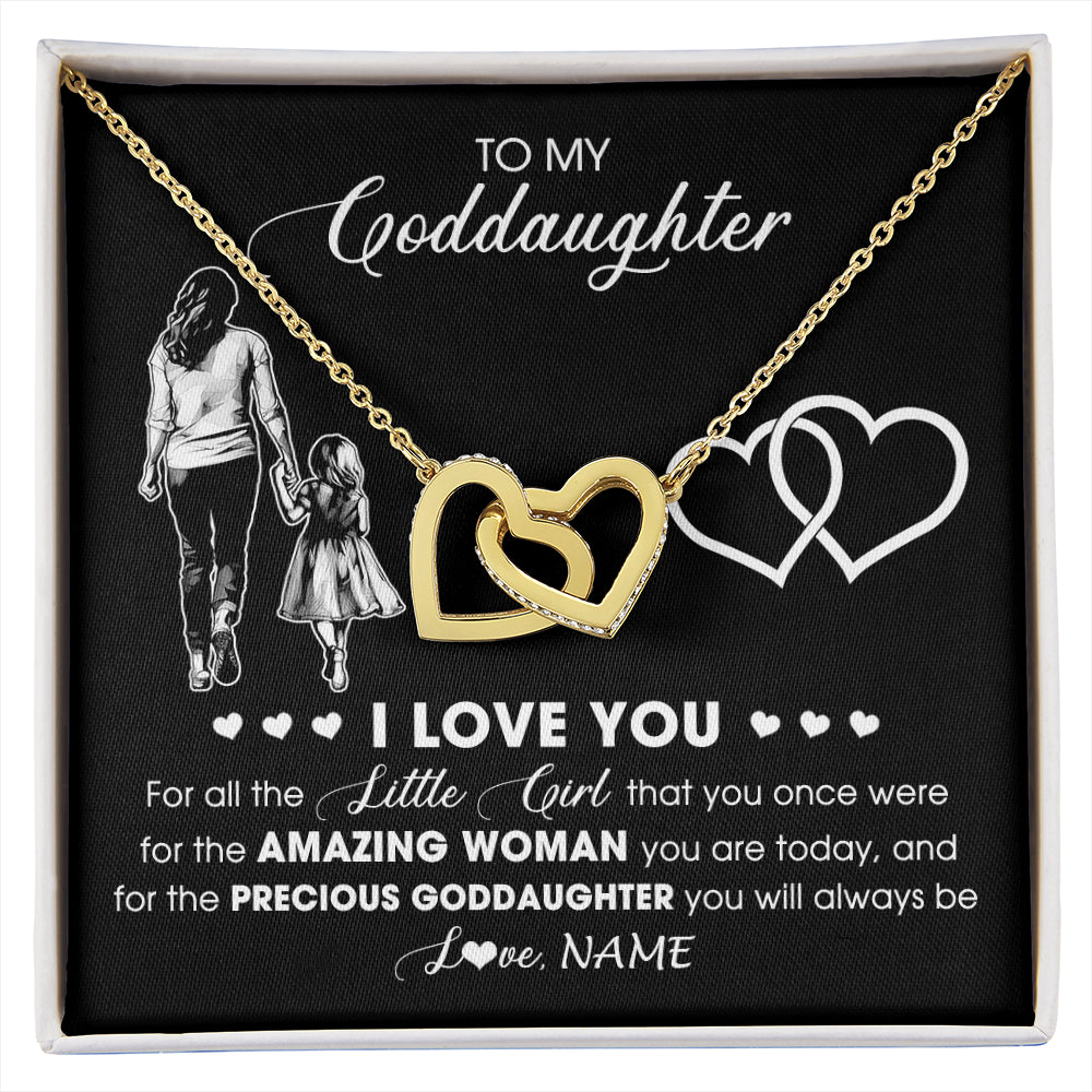 Interlocking Hearts Necklace 18K Yellow Gold Finish | 1 | Personalized To My Goddaughter Necklace From Godmother I Love You Little Girl Goddaughter Birthday Christmas Jewelry Customized Gift Box Message Card | siriusteestore
