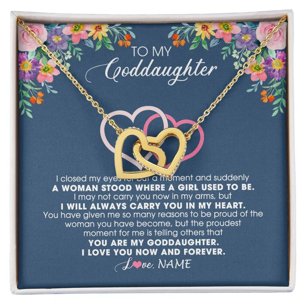Interlocking Hearts Necklace 18K Yellow Gold Finish | Personalized To My Goddaughter Necklace From Godmother I Love You Now And Forever Jewelry For Goddaughter Birthday Graduation Christmas Customized Message Card | siriusteestore