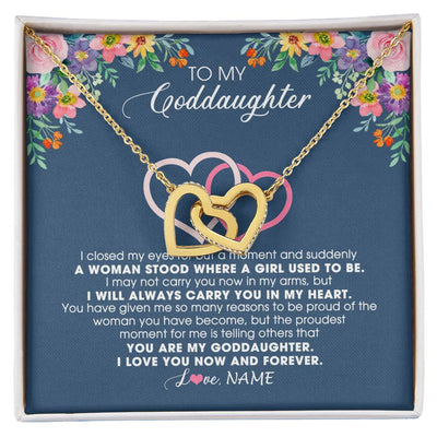 Interlocking Hearts Necklace 18K Yellow Gold Finish | Personalized To My Goddaughter Necklace From Godmother I Love You Now And Forever Jewelry For Goddaughter Birthday Graduation Christmas Customized Message Card | siriusteestore