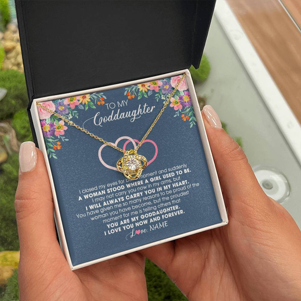 Love Knot Necklace 18K Yellow Gold Finish | Personalized To My Goddaughter Necklace From Godmother I Love You Now And Forever Jewelry For Goddaughter Birthday Graduation Christmas Customized Message Card | siriusteestore