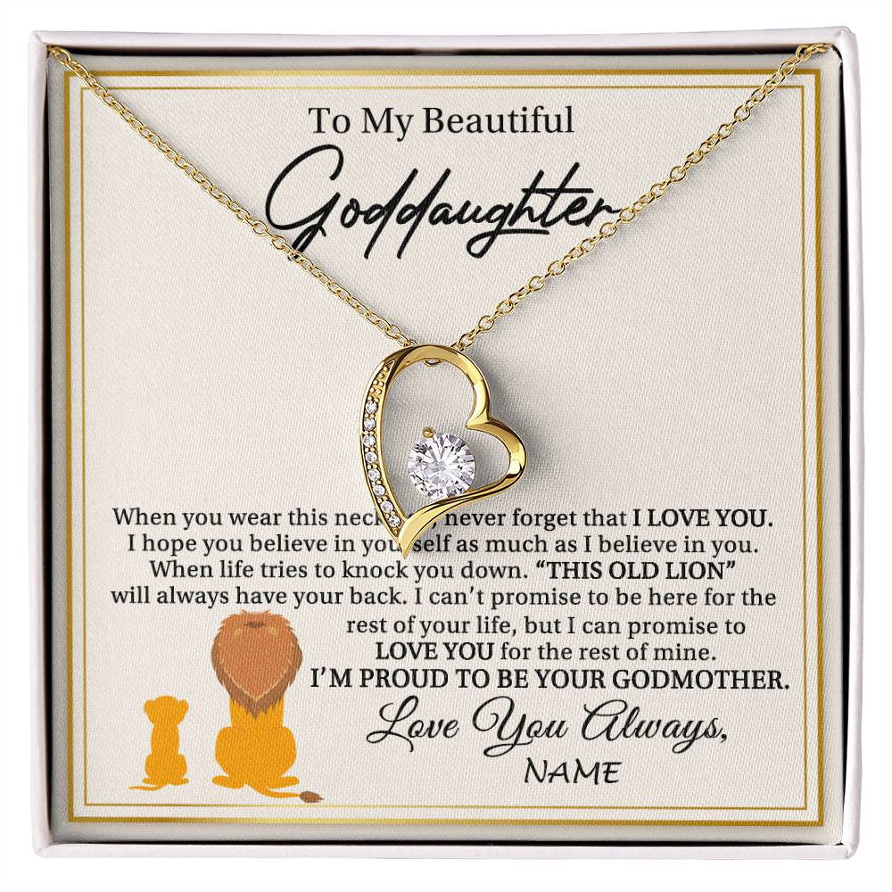 Forever Love Necklace 18K Yellow Gold Finish | 1 | Personalized To My Goddaughter Necklace From Godmother I'M Proud To Be Your Godmother Lion Goddaughter Birthday Christmas Customized Gift Box Message Card | siriusteestore