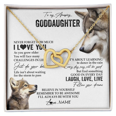 Interlocking Hearts Necklace 18K Yellow Gold Finish | 1 | Personalized To My Goddaughter Necklace From Godmother Just Do You Best Laugh Love Live Wolf Goddaughter Birthday Christmas Customized Gift Box Message Card | siriusteestore