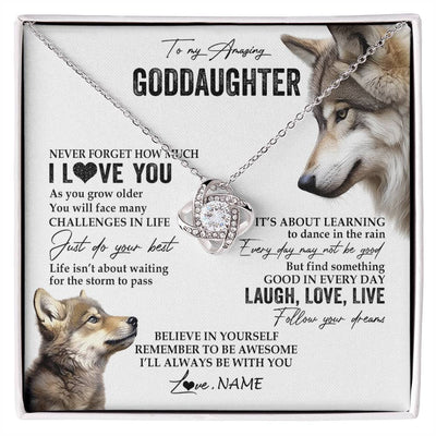 Love Knot Necklace 14K White Gold Finish | 1 | Personalized To My Goddaughter Necklace From Godmother Just Do You Best Laugh Love Live Wolf Goddaughter Birthday Christmas Customized Gift Box Message Card | siriusteestore