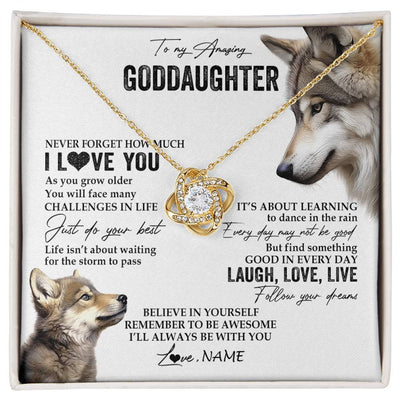 Love Knot Necklace 18K Yellow Gold Finish | 1 | Personalized To My Goddaughter Necklace From Godmother Just Do You Best Laugh Love Live Wolf Goddaughter Birthday Christmas Customized Gift Box Message Card | siriusteestore