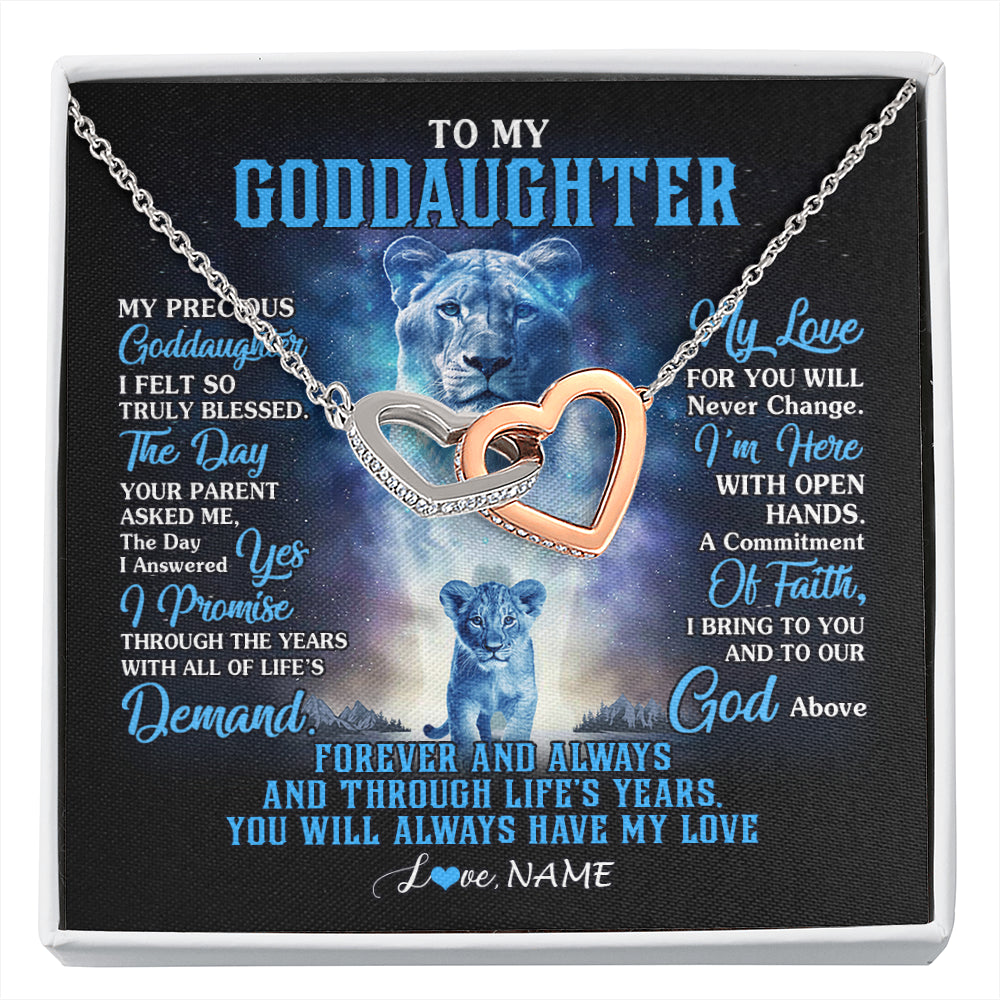 Interlocking Hearts Necklace Stainless Steel & Rose Gold Finish | 1 | Personalized To My Goddaughter Necklace From Godmother Lion My Precious Goddaughter Birthday Graduation Christmas Customized Gift Box Message Card | siriusteestore