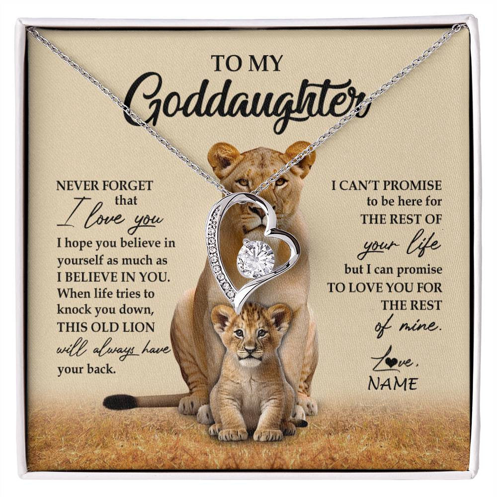 Forever Love Necklace 14K White Gold Finish | 1 | Personalized To My Goddaughter Necklace From Godmother Lion Never Forget That I Love You Goddaughter Jewelry Birthday Graduation Christmas Customized Message Card | siriusteestore