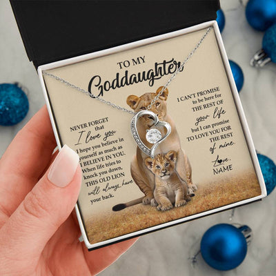 Forever Love Necklace 14K White Gold Finish | 2 | Personalized To My Goddaughter Necklace From Godmother Lion Never Forget That I Love You Goddaughter Jewelry Birthday Graduation Christmas Customized Message Card | siriusteestore