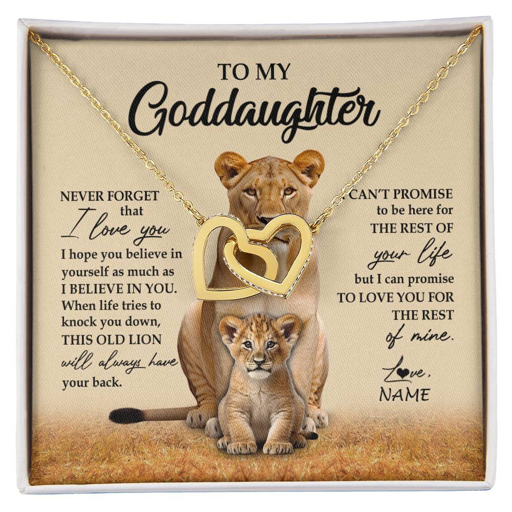 Interlocking Hearts Necklace 18K Yellow Gold Finish | 1 | Personalized To My Goddaughter Necklace From Godmother Lion Never Forget That I Love You Goddaughter Jewelry Birthday Graduation Christmas Customized Message Card | siriusteestore