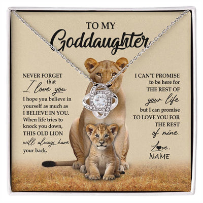 Love Knot Necklace 14K White Gold Finish | 1 | Personalized To My Goddaughter Necklace From Godmother Lion Never Forget That I Love You Goddaughter Jewelry Birthday Graduation Christmas Customized Message Card | siriusteestore