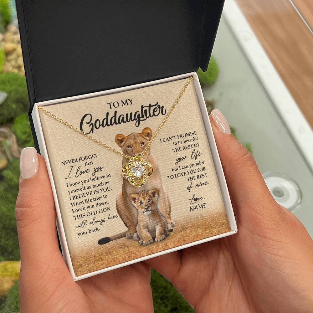 Love Knot Necklace 18K Yellow Gold Finish | 2 | Personalized To My Goddaughter Necklace From Godmother Lion Never Forget That I Love You Goddaughter Jewelry Birthday Graduation Christmas Customized Message Card | siriusteestore