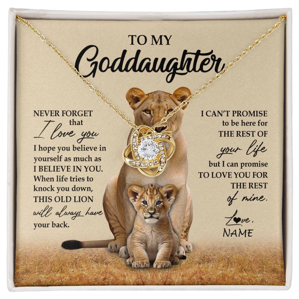 Love Knot Necklace 18K Yellow Gold Finish | 1 | Personalized To My Goddaughter Necklace From Godmother Lion Never Forget That I Love You Goddaughter Jewelry Birthday Graduation Christmas Customized Message Card | siriusteestore