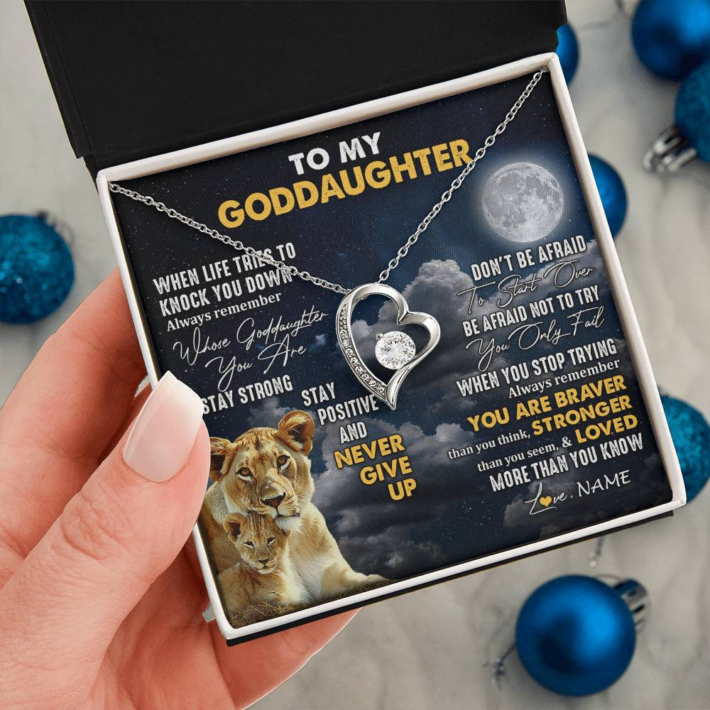 Forever Love Necklace 14K White Gold Finish | 2 | Personalized To My Goddaughter Necklace From Godmother Lion Never Give Up Goddaughter Birthday Graduation Christmas Jewelry Customized Gift Box Message Card | siriusteestore