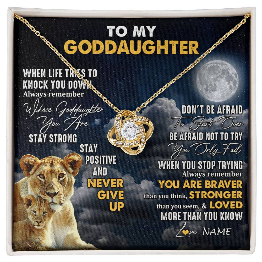 Love Knot Necklace 18K Yellow Gold Finish | 1 | Personalized To My Goddaughter Necklace From Godmother Lion Never Give Up Goddaughter Birthday Graduation Christmas Jewelry Customized Gift Box Message Card | siriusteestore