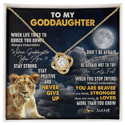 Love Knot Necklace 18K Yellow Gold Finish | 1 | Personalized To My Goddaughter Necklace From Godmother Lion Never Give Up Goddaughter Birthday Graduation Christmas Jewelry Customized Gift Box Message Card | siriusteestore