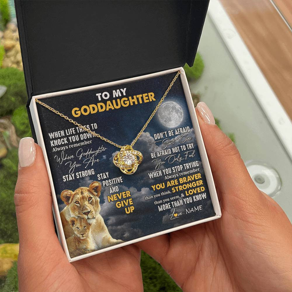 Love Knot Necklace 18K Yellow Gold Finish | 2 | Personalized To My Goddaughter Necklace From Godmother Lion Never Give Up Goddaughter Birthday Graduation Christmas Jewelry Customized Gift Box Message Card | siriusteestore