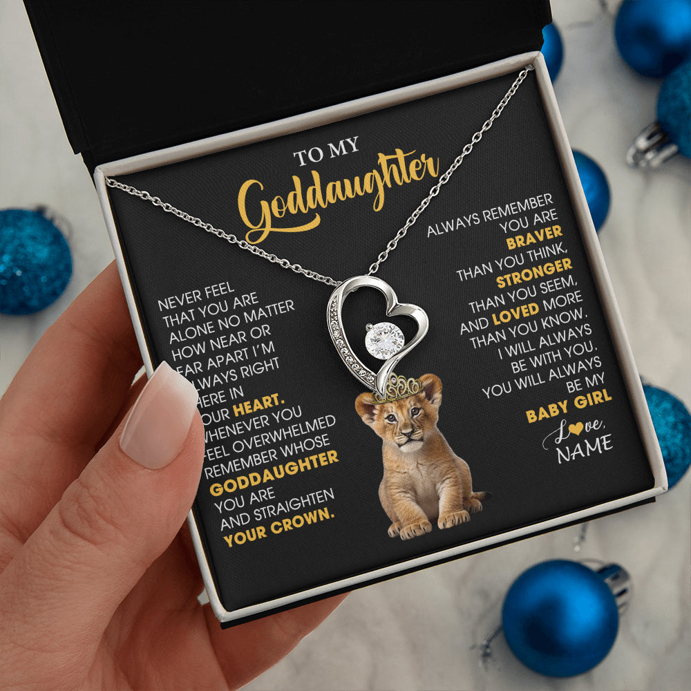 Forever Love Necklace 14K White Gold Finish | 2 | Personalized To My Goddaughter Necklace From Godmother Never Feel You Are Alone Lion Birthday Gift Goddaughter Christmas Customized Gift Box Message Card | siriusteestore