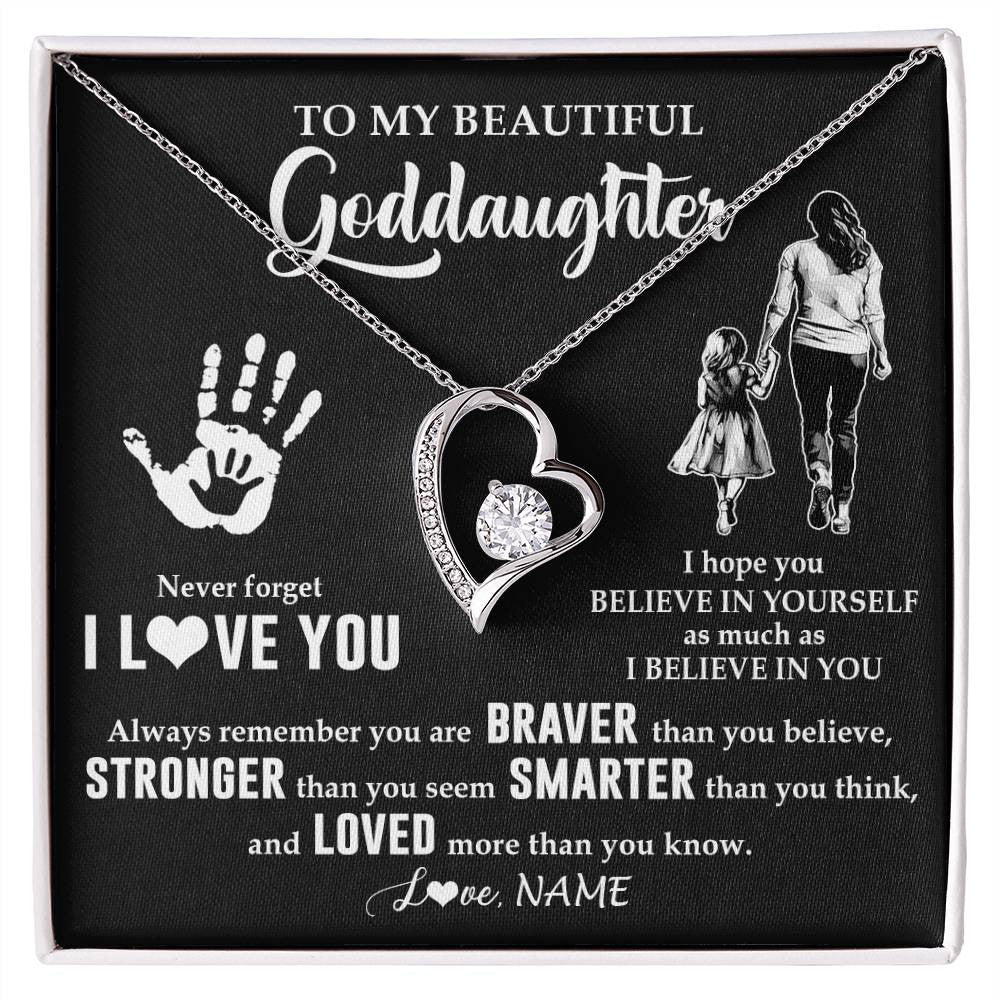 Forever Love Necklace 14K White Gold Finish | 1 | Personalized To My Goddaughter Necklace From Godmother Never Forget I Love You Goddaughter Birthday Christmas Graduation Customized Gift Box Message Card | siriusteestore