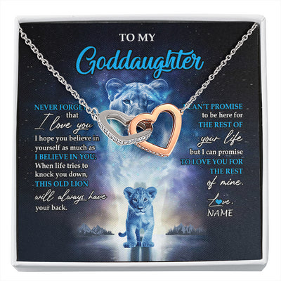Interlocking Hearts Necklace Stainless Steel & Rose Gold Finish | 1 | Personalized To My Goddaughter Necklace From Godmother Never Forget I Love You Lion Goddaughter Jewelry Birthday Graduation Christmas Customized Message Card | siriusteestore