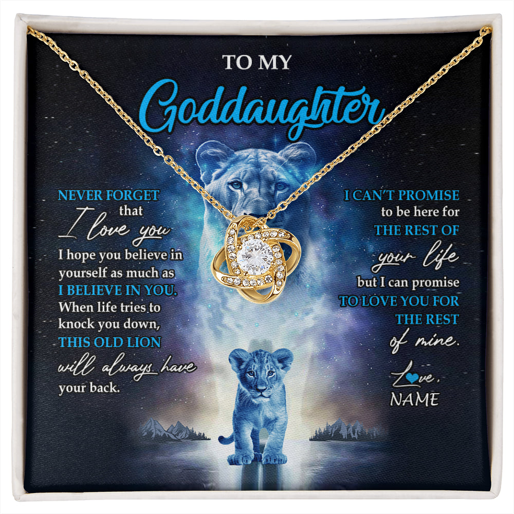 Love Knot Necklace 18K Yellow Gold Finish | 1 | Personalized To My Goddaughter Necklace From Godmother Never Forget I Love You Lion Goddaughter Jewelry Birthday Graduation Christmas Customized Message Card | siriusteestore