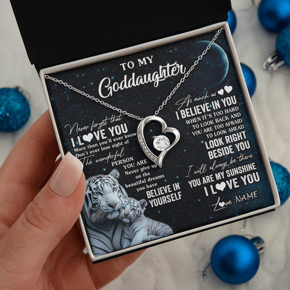 Forever Love Necklace 14K White Gold Finish | 2 | Personalized To My Goddaughter Necklace From Godmother Never Forget I Love You White Tiger Goddaughter Birthday Christmas Customized Gift Box Message Card | siriusteestore