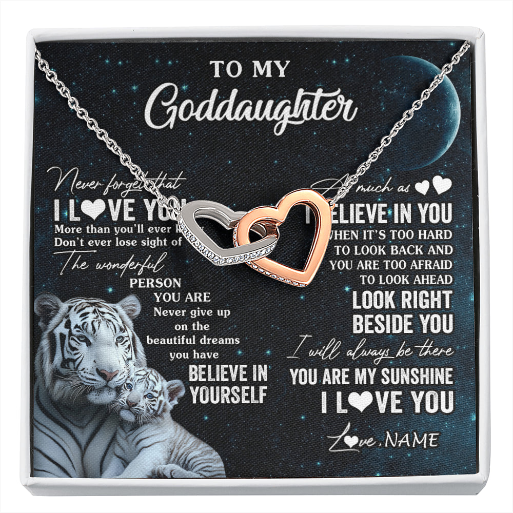 Interlocking Hearts Necklace Stainless Steel & Rose Gold Finish | 1 | Personalized To My Goddaughter Necklace From Godmother Never Forget I Love You White Tiger Goddaughter Birthday Christmas Customized Gift Box Message Card | siriusteestore