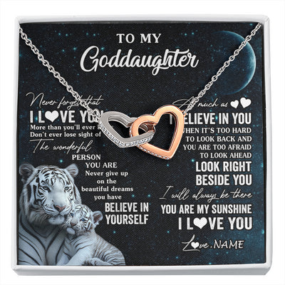 Interlocking Hearts Necklace Stainless Steel & Rose Gold Finish | 1 | Personalized To My Goddaughter Necklace From Godmother Never Forget I Love You White Tiger Goddaughter Birthday Christmas Customized Gift Box Message Card | siriusteestore