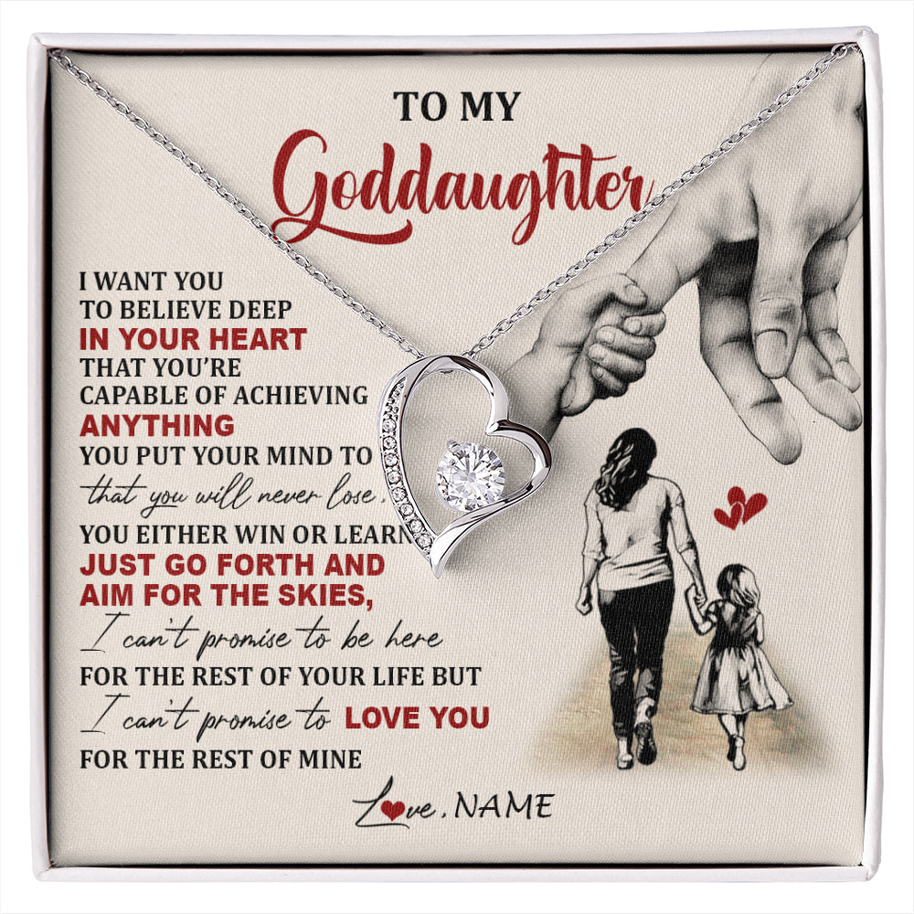 Forever Love Necklace 14K White Gold Finish | 1 | Personalized To My Goddaughter Necklace From Godmother Promise To Love You Goddaughter Birthday Jewelry Graduation Christmas Customized Gift Box Message Card | siriusteestore
