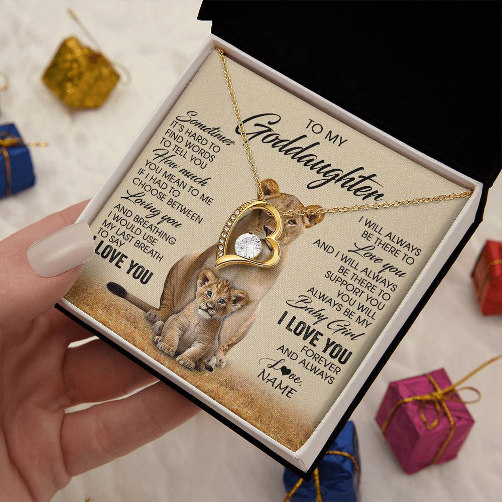 Forever Love Necklace 18K Yellow Gold Finish | 2 | Personalized To My Goddaughter Necklace From Godmother Sometimes It's Hard Lion Goddaughter Gift Birthday Jewelry Christmas Customized Gift Box Message Card | siriusteestore